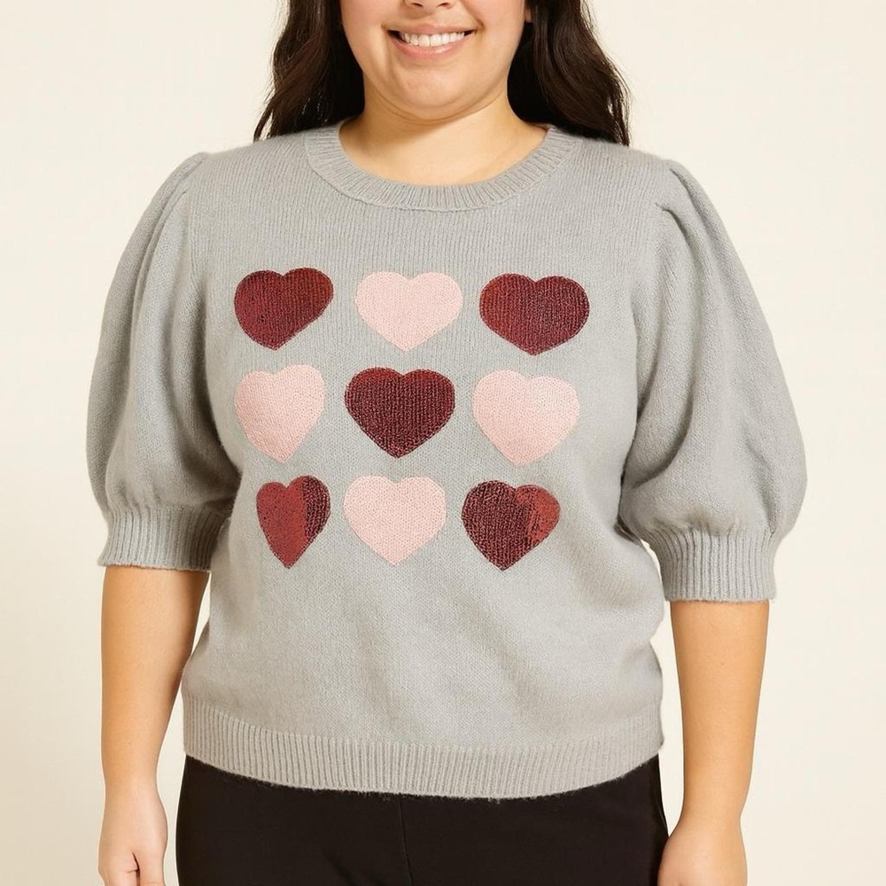 Grey Sequin Heart Knit Sweater